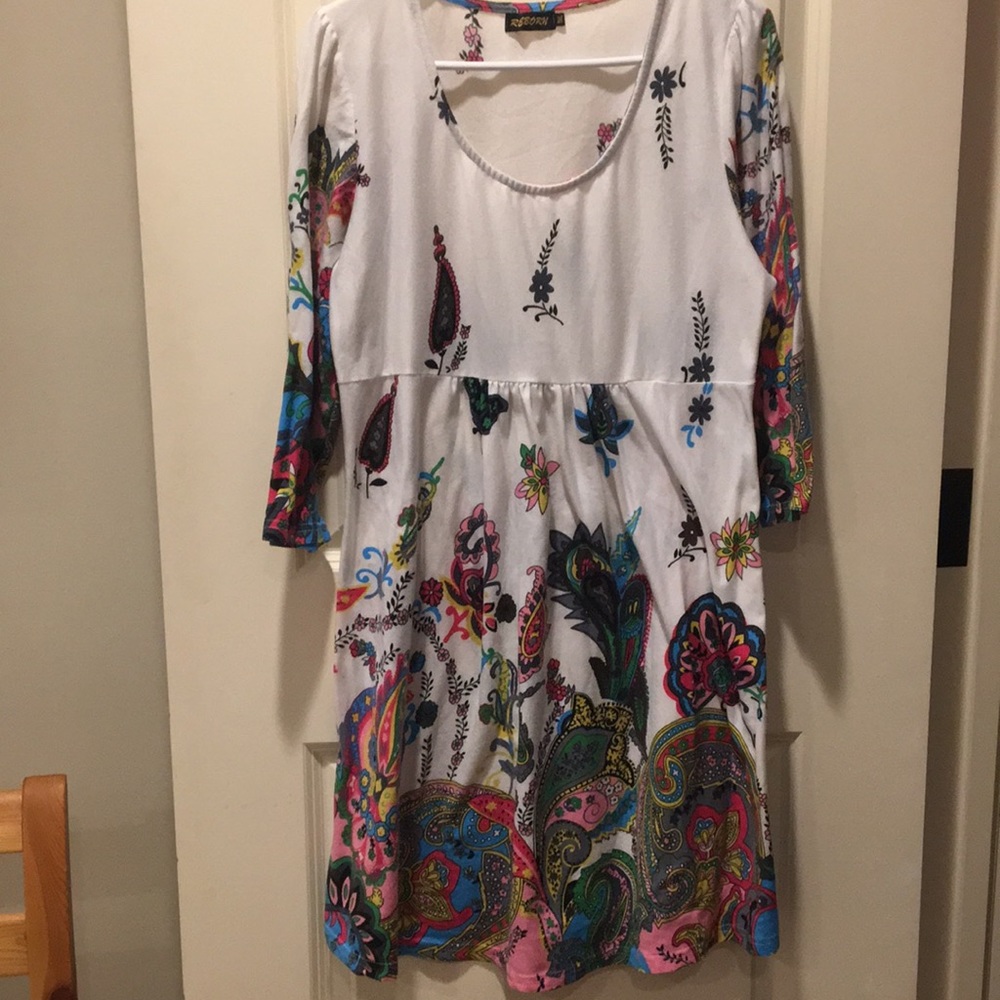 Reborn Floral Paisley print artsy dress long sleeve rayon spandex blend size 1XL